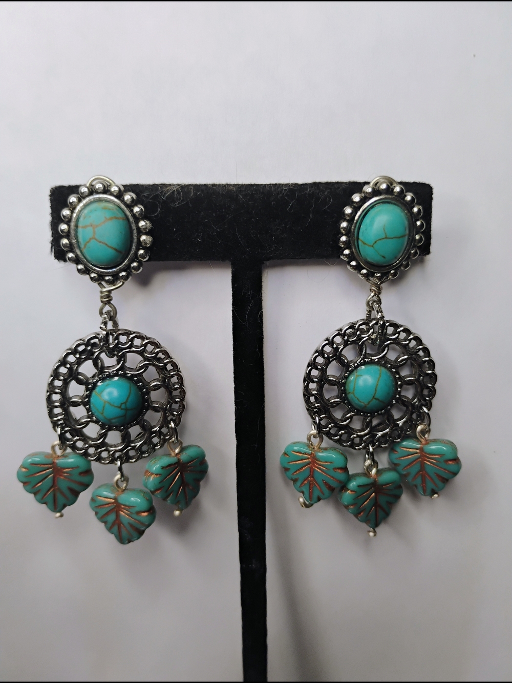 Title:
Handmade Boho Faux Turquoise & Czech Glass Leaf Dangle Earrings – OOAK